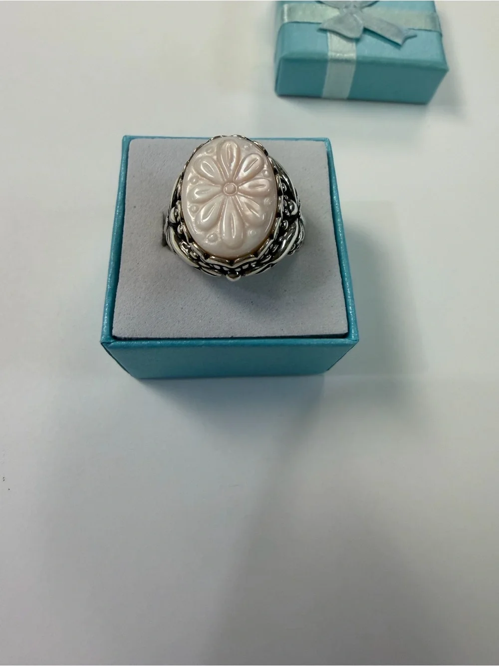 Carolyn Pollack Relios Sterling Silver Ring with Pale Pink Carved Flower Size 8